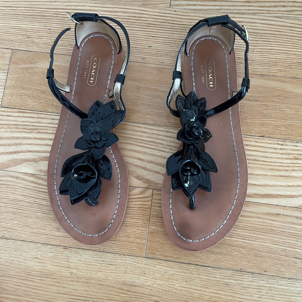 Coach Patent Leather floral t-strap sandals